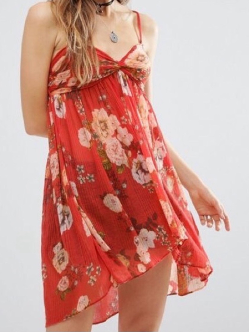 Free People Womens Coral Red Floral Spaghetti-Strap Dress / Tunic Size Small